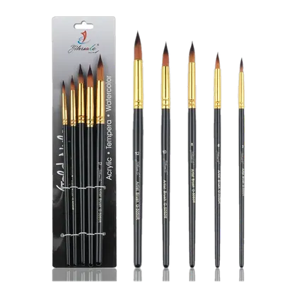 Non-Shedding High Absorption Professional 5 Pcs Birch Wood Handle Artist Paint Brush Set for Watercolor Acrylic Oil Painting