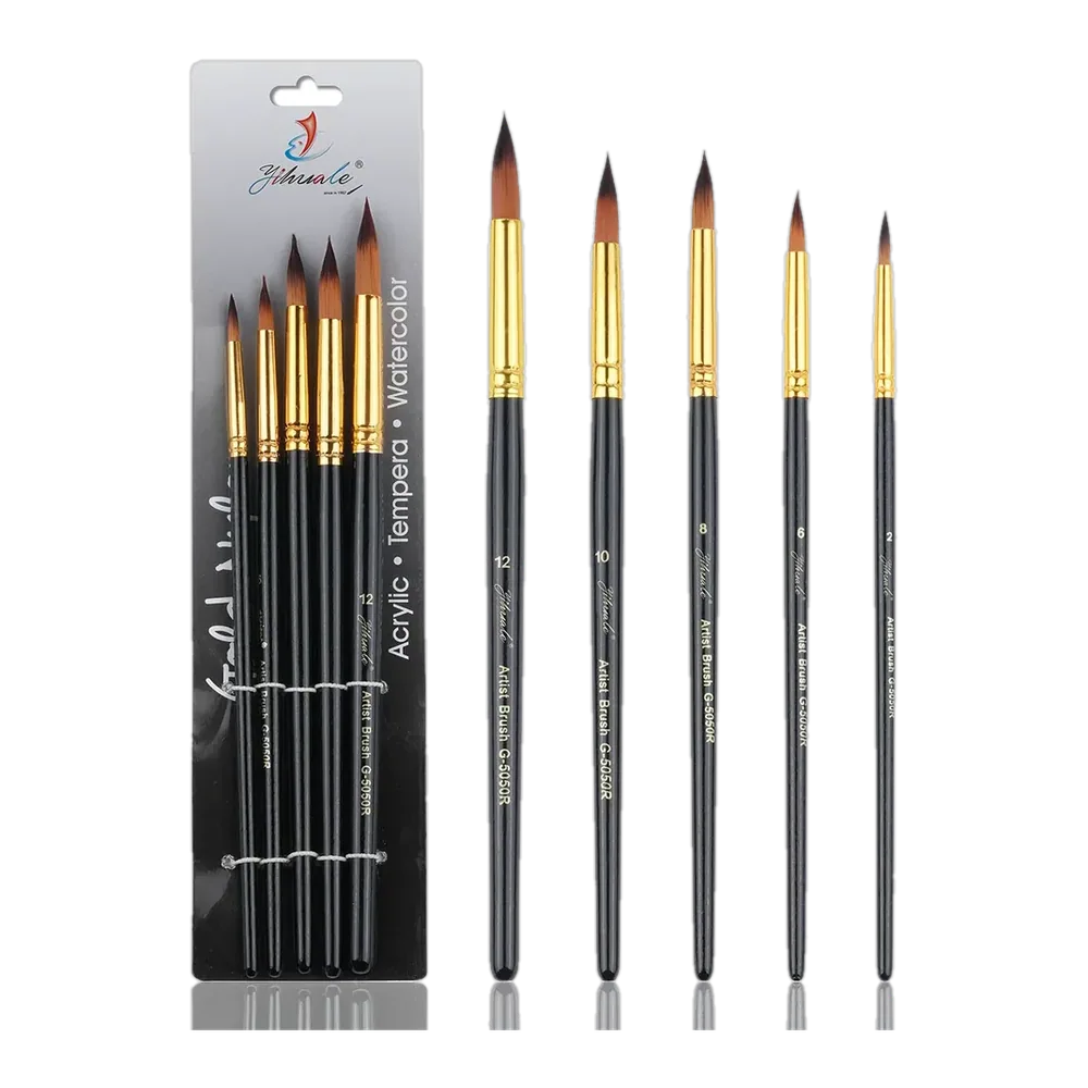 Non-Shedding High Absorption Professional 5 Pcs Birch Wood Handle Artist Paint Brush Set for Watercolor Acrylic Oil Painting
